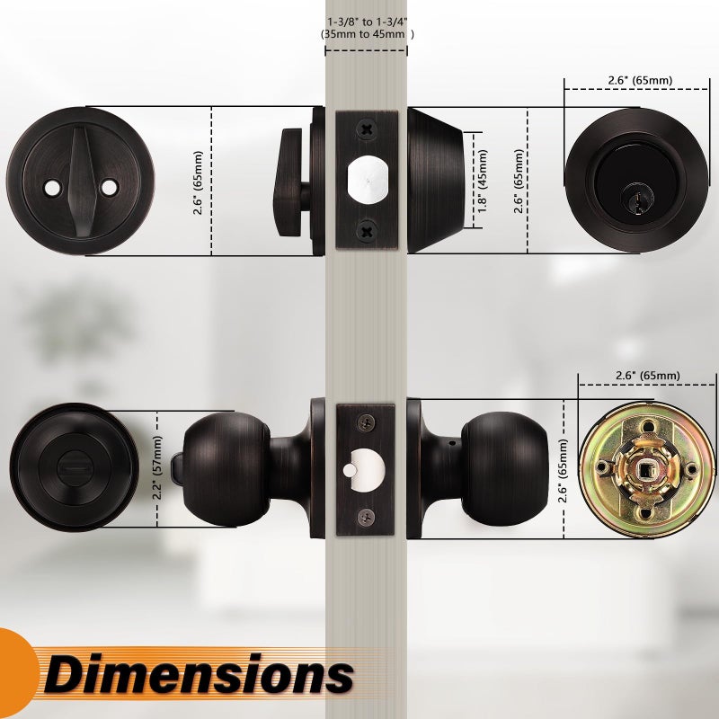 Probrico 5 Pack -Oil Rubbed Bronze Entry Knob and Single Cylinder Deadbolts,Keyed Alike Entry Handleset for Front Entrance Door, Deadbolt and Door knob Set, Modern Door Hardware - Image 2